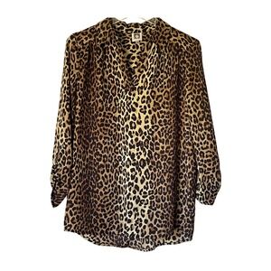 Anne Klein Leopard Print Blouse Women Small Brown Excellent V-Neck Tunic Top